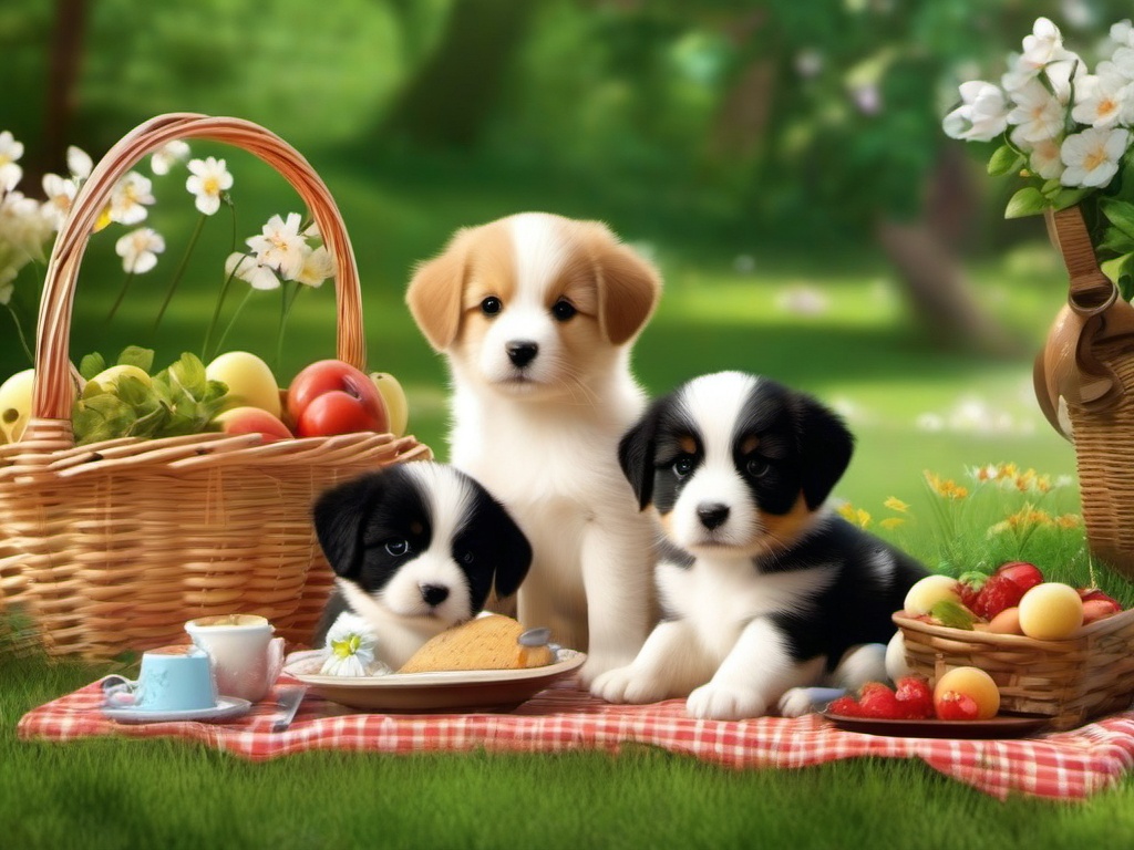 Cute Desktop Wallpaper - Adorable Puppies at a Spring Picnic  wallpaper style, intricate details, patterns, splash art, light colors