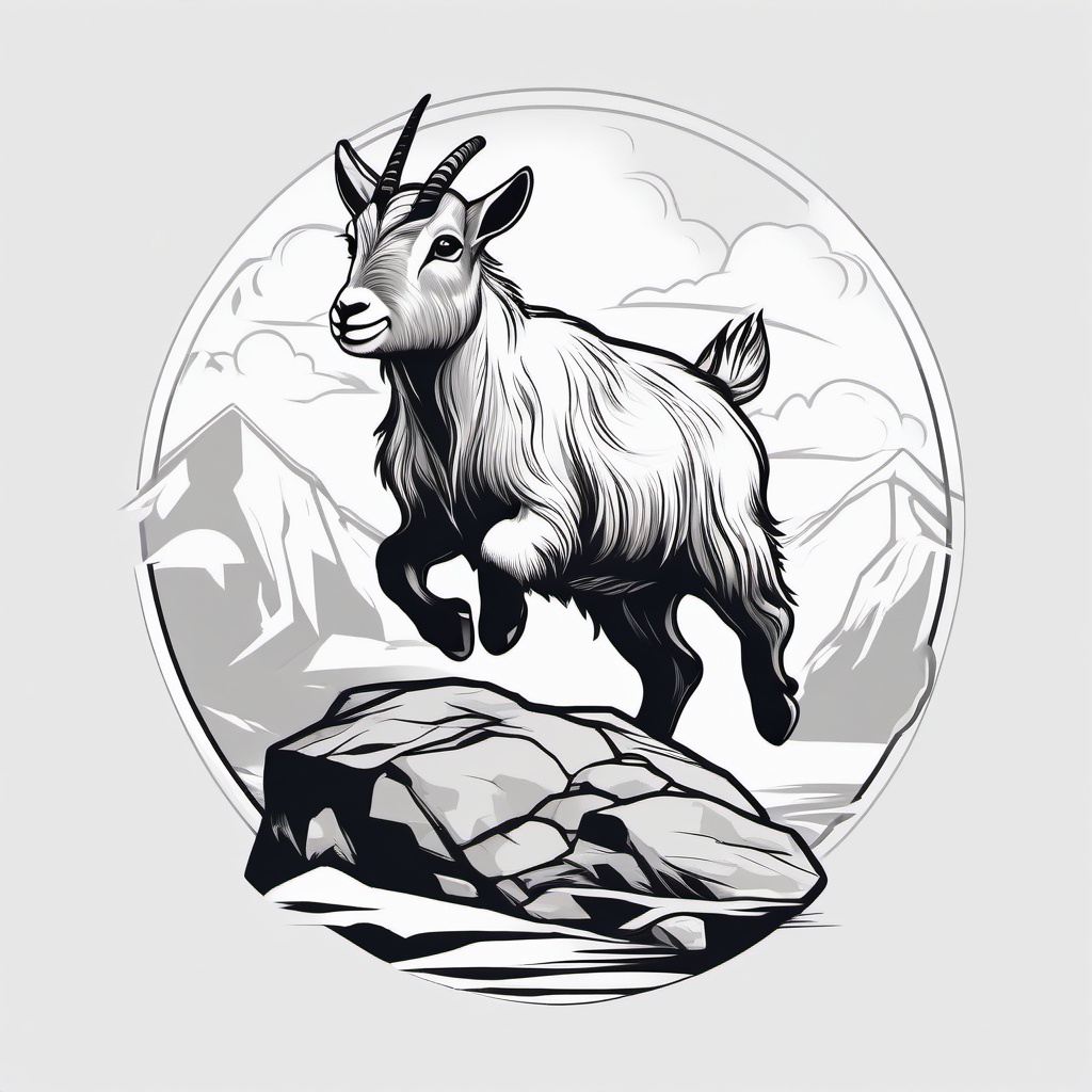 Pygmy Goat Tattoo - Playful pygmy goat jumping on rocks  few color tattoo design, simple line art, design clean white background