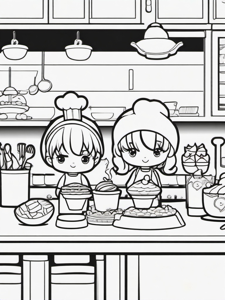 Kawaii Cooking Coloring Pages - Adorable Characters Making Delicious Treats  minimal black outline printable sheet, coloring page