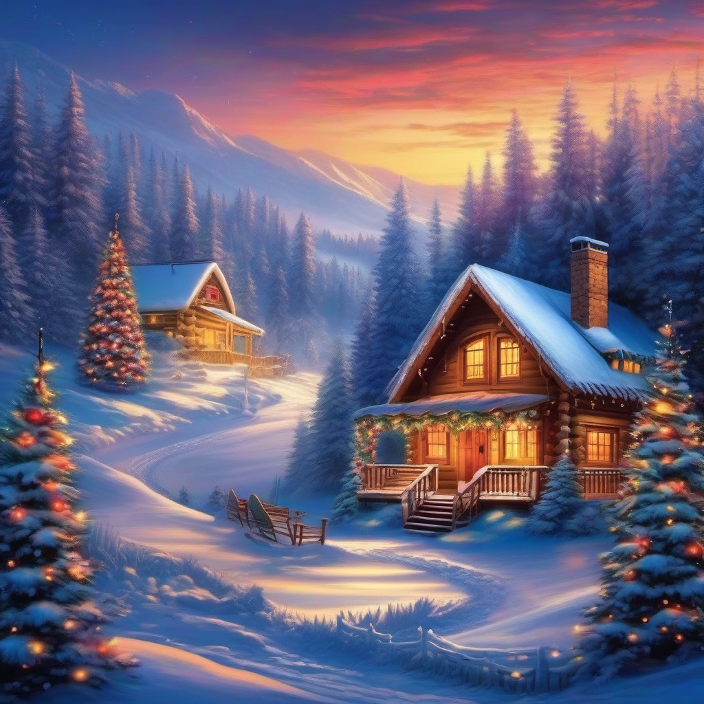 Christmas Scenery Wallpaper Cozy Cabin Retreats in a Winter Wonderland Setting wallpaper splash art, vibrant colors, intricate patterns