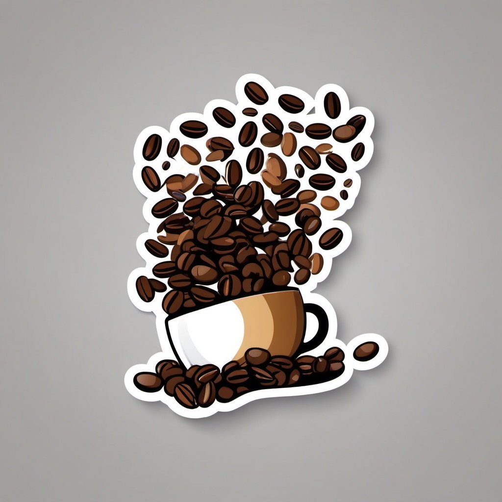 Coffee Beans Sticker - Scattered coffee beans surrounding a coffee cup, ,vector color sticker art,minimal