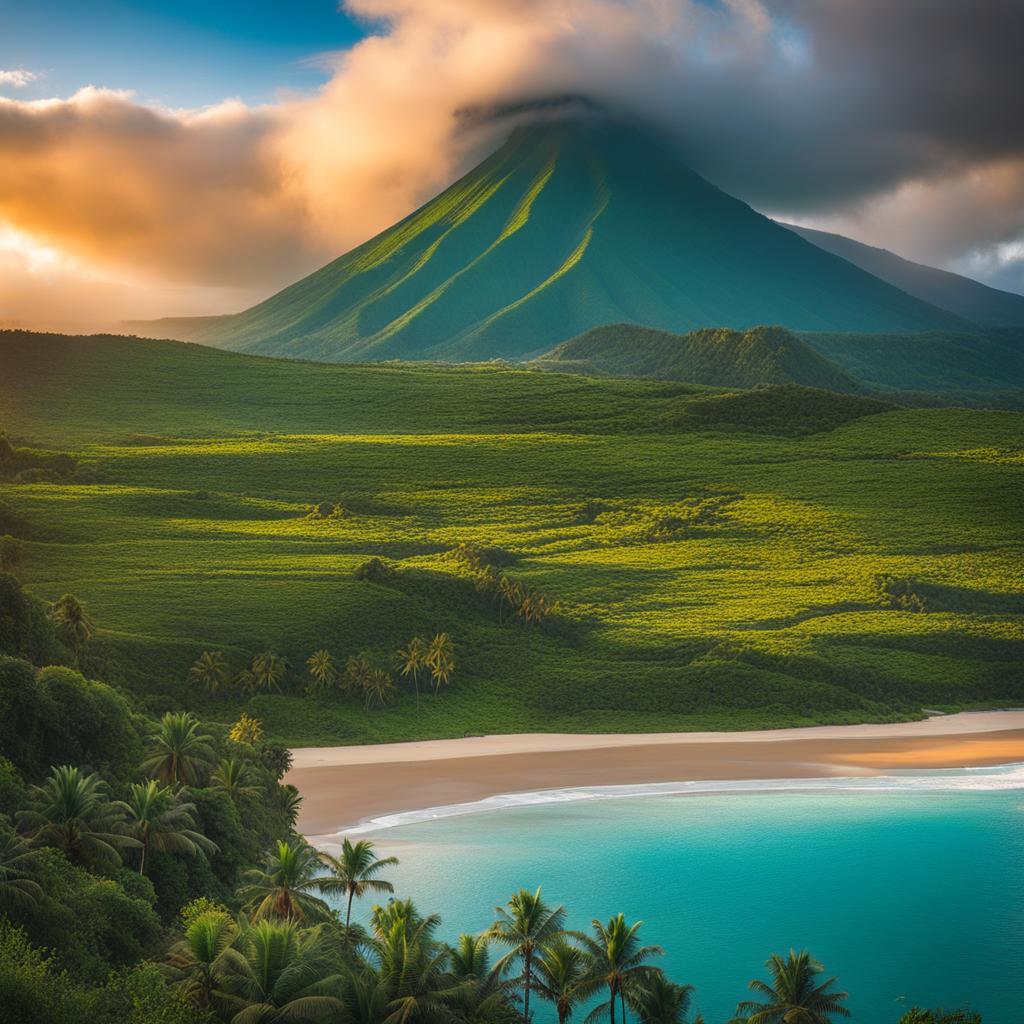 exotic reunion island landscapes - create an artwork that showcases the exotic landscapes of reunion island, from lush rainforests to volcanic craters. 