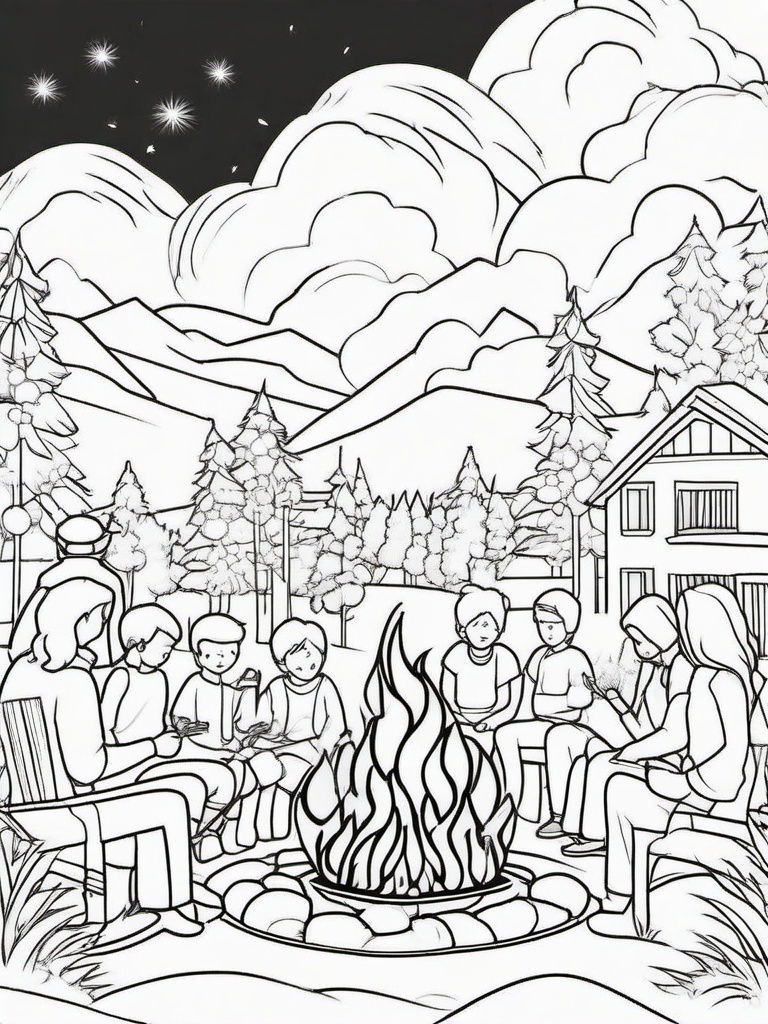 Bonfire Night Coloring Pages - Gathering Around a Cozy Fire  minimal black outline printable sheet, coloring page