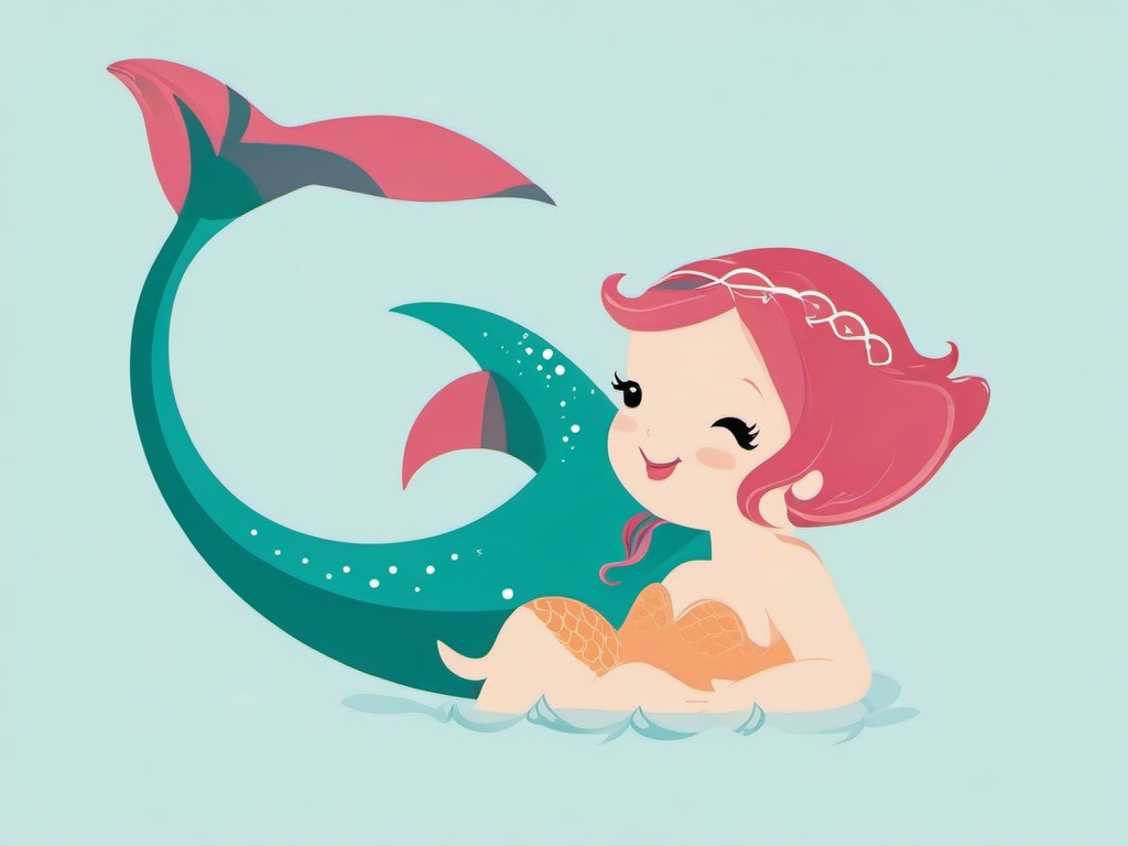 Mermaid clipart - cute mermaid playing with a dolphin  color,minimalist,vector clipart