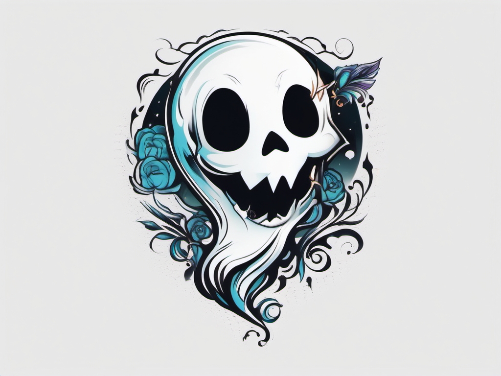 Ghost Tattoo-playful and friendly ghost tattoo with a touch of whimsy, capturing the lighter side of the supernatural. Colored tattoo designs, minimalist, white background.  color tatto style, minimalist design, white background