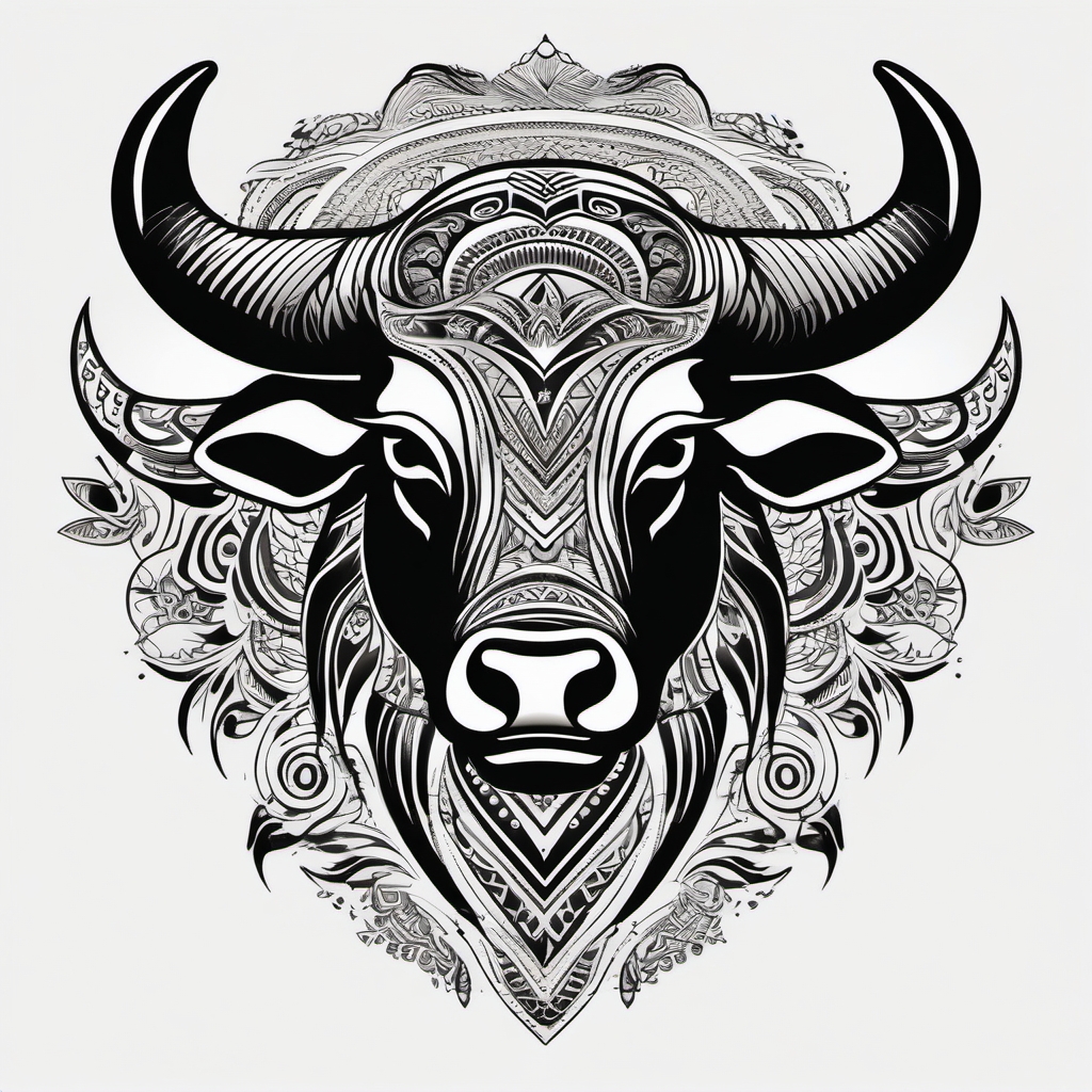 Bull with tribal patterns tattoo. Cultural symbols of power.  minimalist black white tattoo style