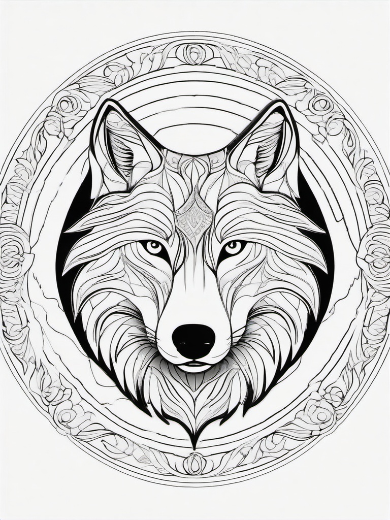 Wolf in a Circle Coloring Pages - Stylized Wolf Inside a Circle Design  minimal black outline printable sheet, coloring page