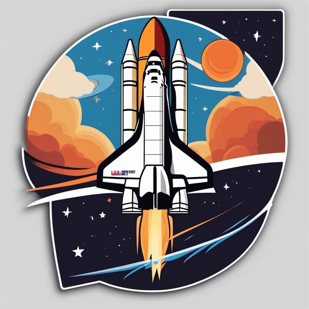 Space Shuttle Sticker - Space shuttle launching into orbit, ,vector color sticker art,minimal