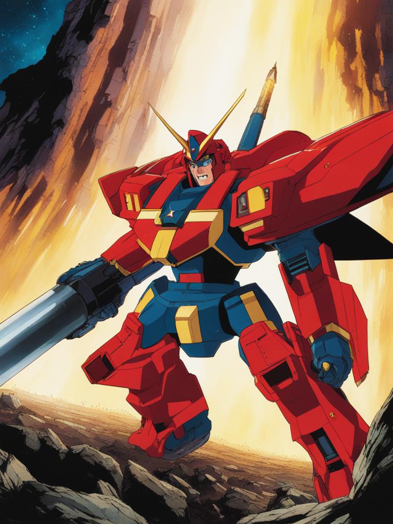 simon pilots the lagann mecha, drilling through the earth's crust in a subterranean battle. 