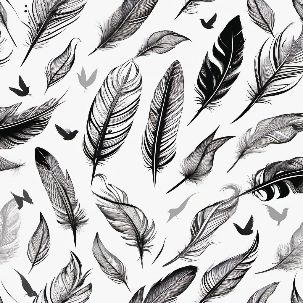 Tattoo of Feather with Birds - Feather design with bird motifs.  simple vector tattoo,minimalist,white background