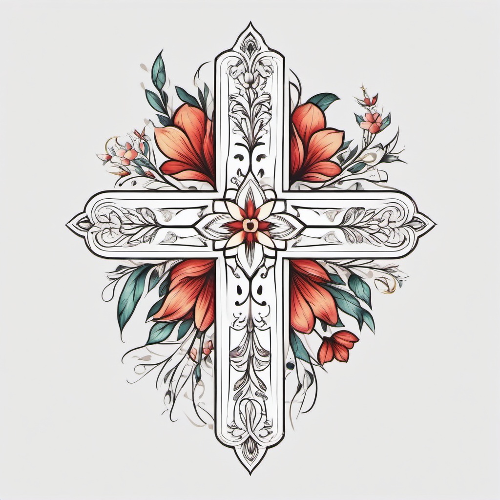 Cross Flower Tattoo - Tattoo featuring a cross and floral elements in the design.  simple color tattoo,minimalist,white background