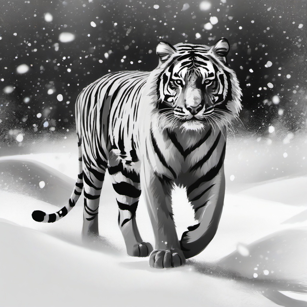 drawing of a tiger in the snow  minimal rough sketch scribbles,doodles,black and white