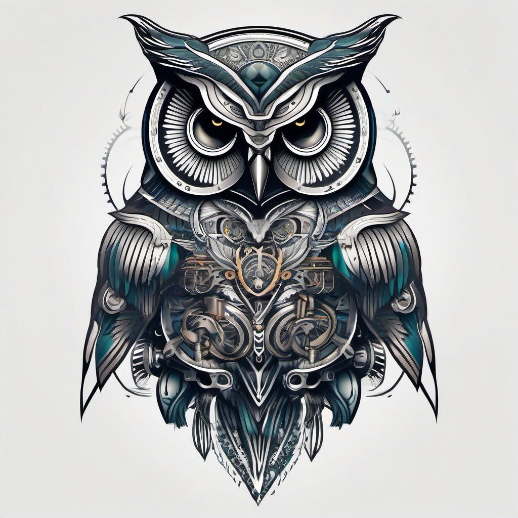 Biomechanical Owl Tattoo - Blend nature with mechanics in a unique biomechanical owl tattoo design.  simple color tattoo,vector style,white background