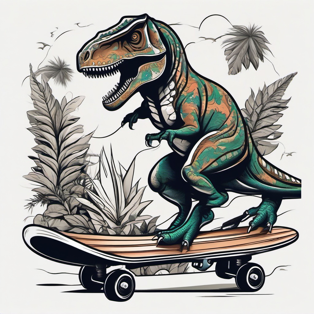 Dinosaur Skateboarding Tattoo - Combine the worlds of dinosaurs and skateboarding in a unique and stylish tattoo.  simple vector color tattoo,minimal,white background