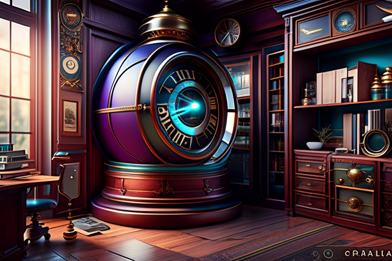 time traveler's office with vintage time machines and a swirling time portal. 