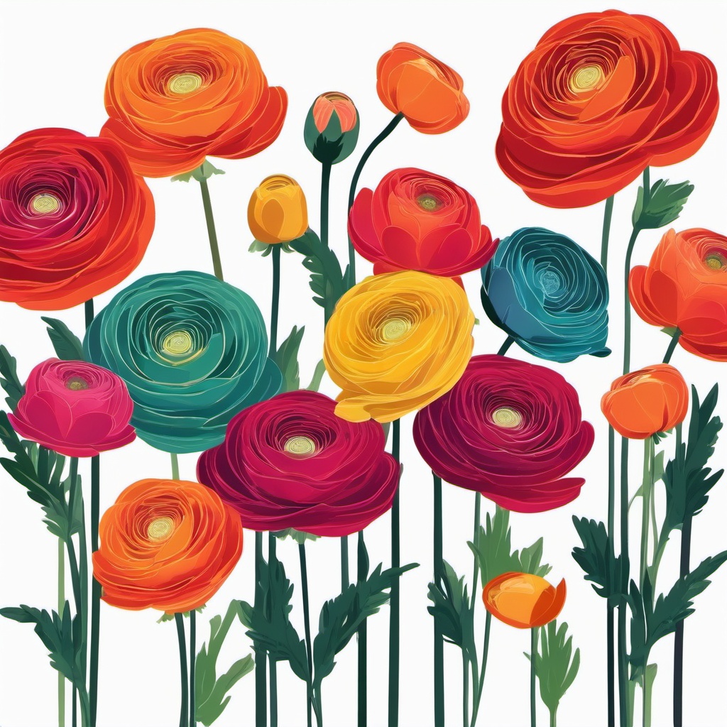 Ranunculus Clip Art - A cluster of ranunculus in vibrant colors,  color vector clipart, minimal style