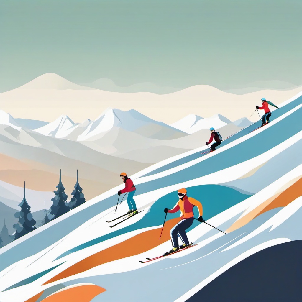 Snow Skiing Slope Clipart - Skiers on a snowy mountain slope.  color vector clipart, minimal style