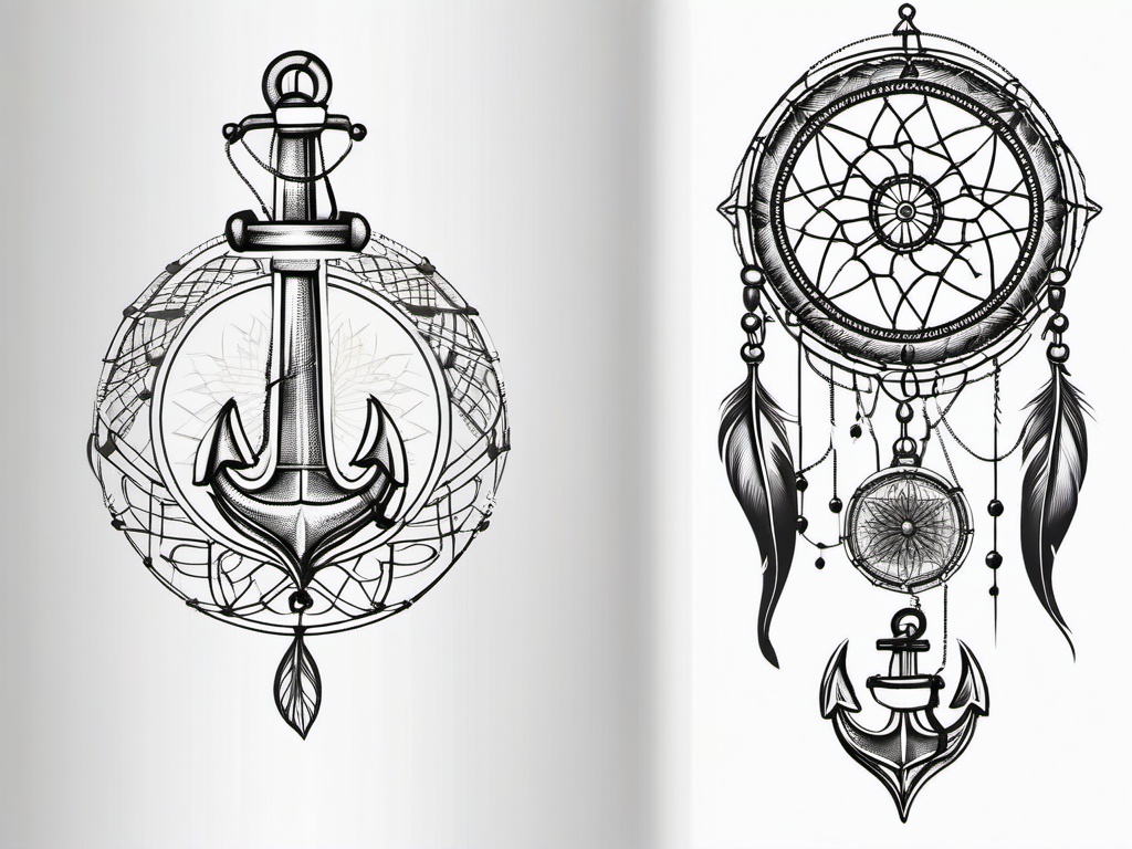 Anchor Dream Catcher Tattoo - Tattoo combining a dream catcher with anchor motifs.  simple vector tattoo,minimalist,white background