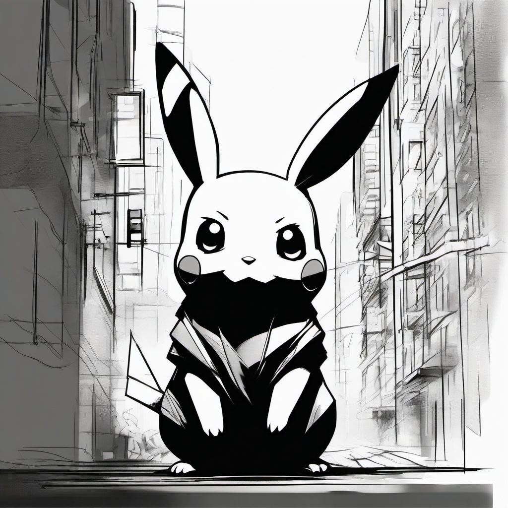 drawing of Pikachu in a city  minimal rough sketch scribbles,doodles,black and white