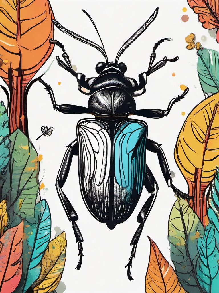 drawing of a colorful bug in a forest  minimal rough sketch scribbles,doodles,black and white