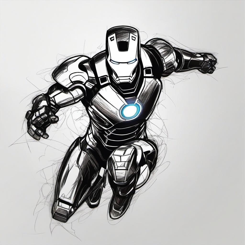 drawing of Iron Man in action  minimal rough sketch scribbles,doodles,black and white