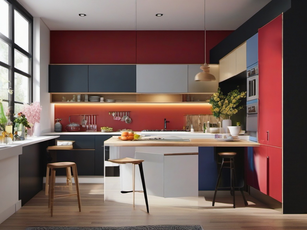 Artistic Studio Kitchen - Create a kitchen that doubles as an artistic studio space. , kitchen layout design ideas, multicoloured, photo realistic, hyper detail, high resolution,