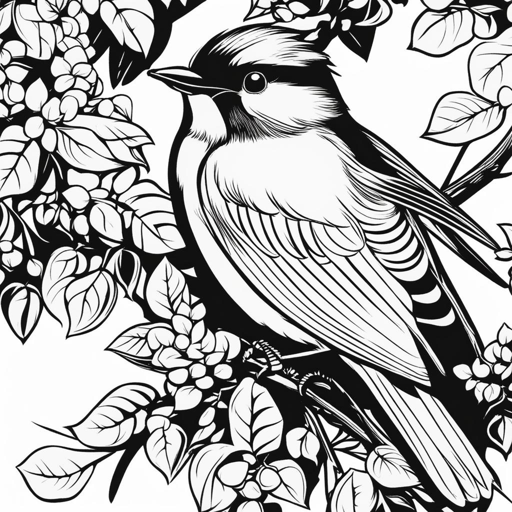 bird clipart black and white in a tall tree - perched and singing. 