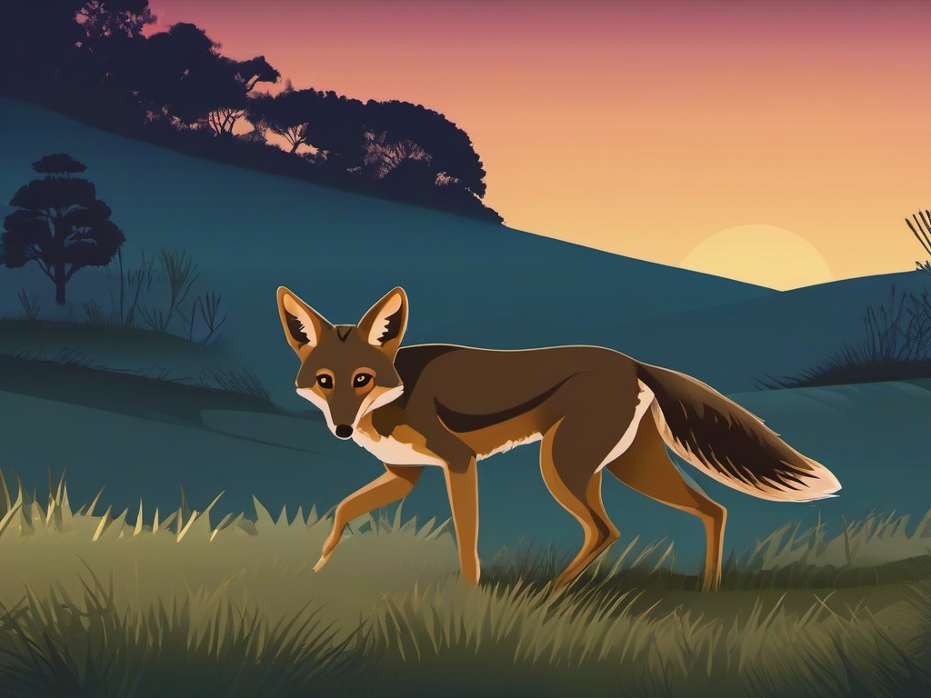 Jackal Cartoon - Cartoon of jackal prowling at twilight  