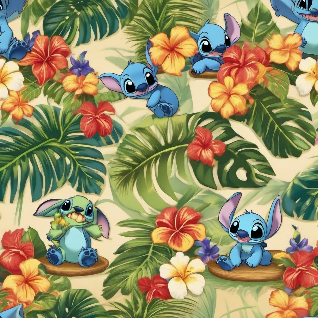 Cute Stitch Wallpaper - Cute Stitch at a Hawaiian Luau  wallpaper style, intricate details, patterns, splash art, light colors