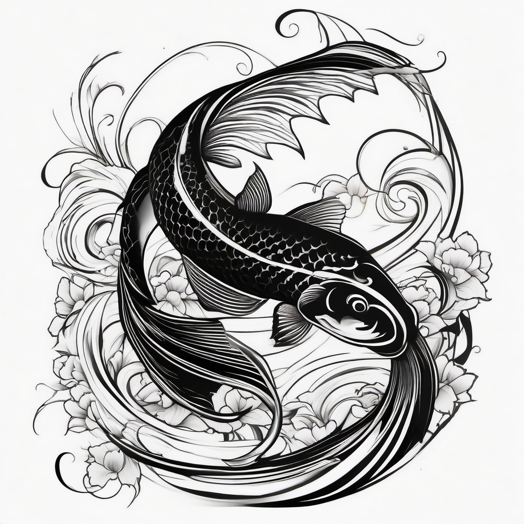 Black Koi Fish Tattoo,a striking black koi fish tattoo, symbolizing determination and perseverance. , tattoo design, white clean background