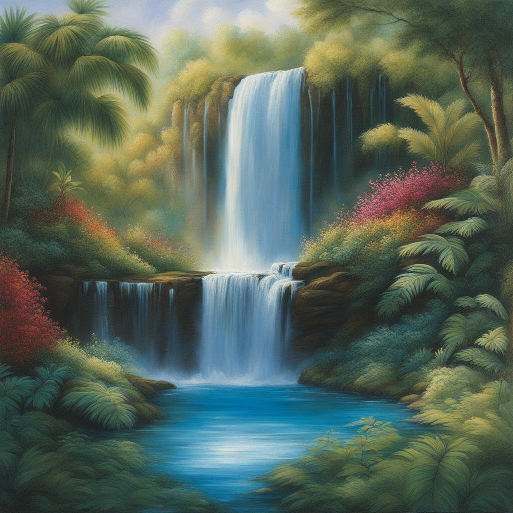 mystical waterfall - paint a mystical waterfall surrounded by lush vegetation and sparkling pools. 