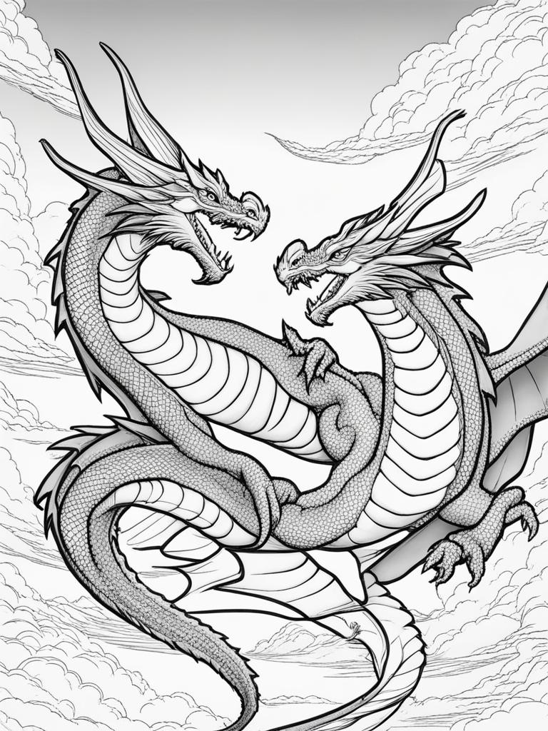 dragon coloring pages - two dragons clash in an epic aerial duel. 