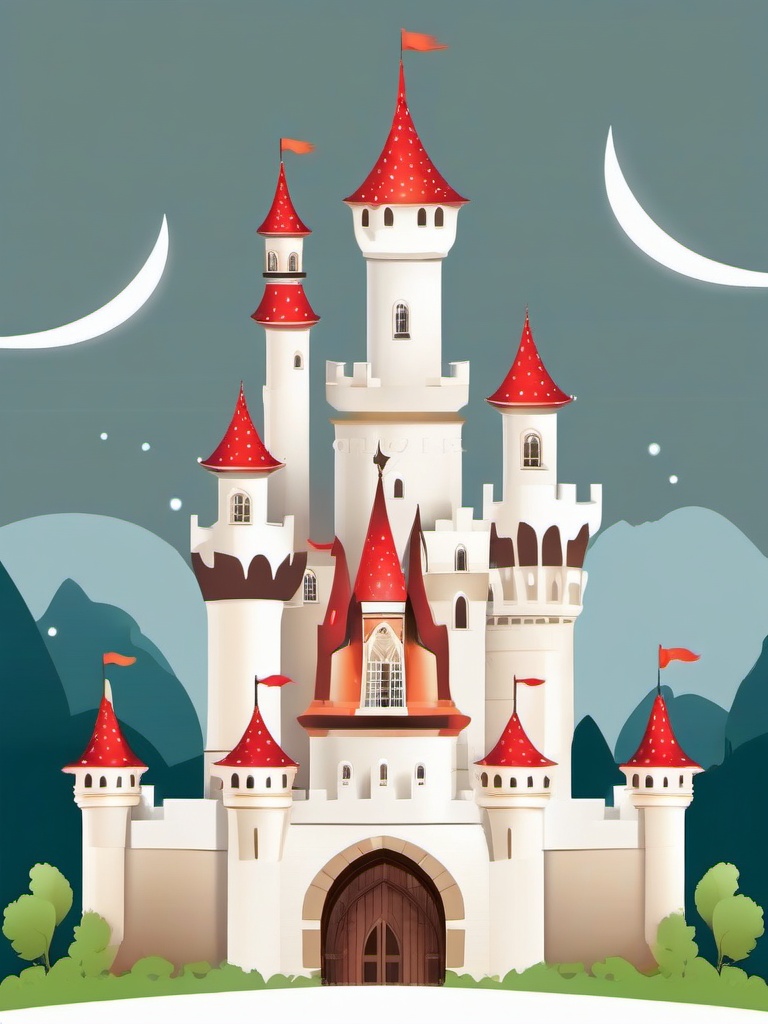 Towering fairytale castle with turrets clipart.  vector style illustration, white background