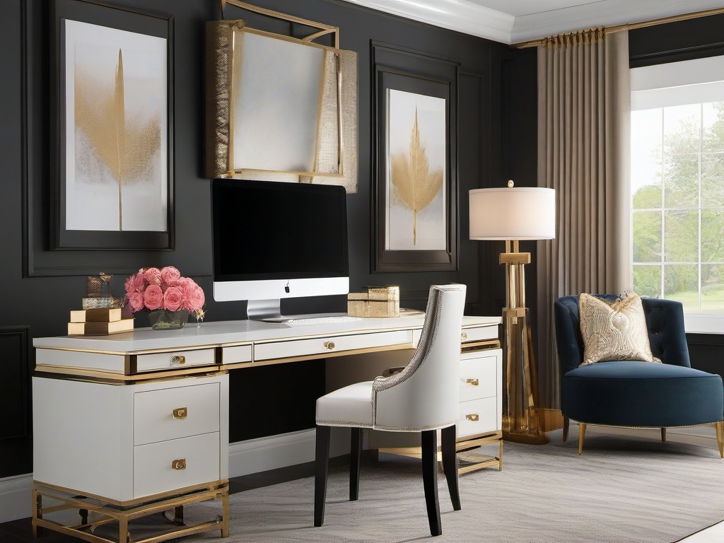 Luxury Glam home office offers stylish furnishings, plush materials, and decorative accents that create an upscale yet comfortable environment for productivity.  