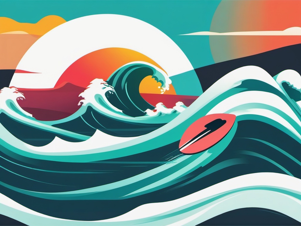 Surfboard Clipart - A surfboard catching a wave in the ocean.  color vector clipart, minimal style