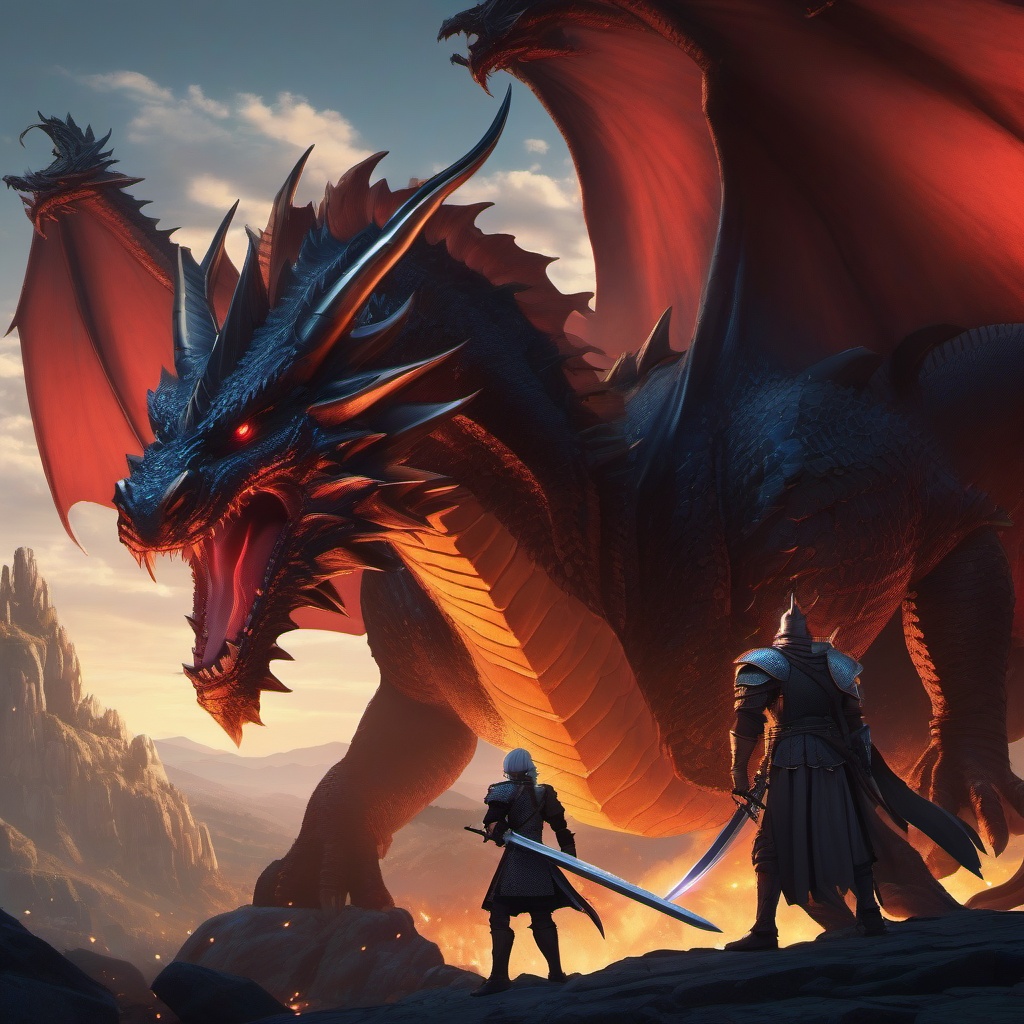 Heroic dragon slayer and valiant dragon slayer companion, bravely facing a colossal dragon in a medieval realm, swords raised for an epic battle, as a matching pfp for friends. wide shot, cool anime color style