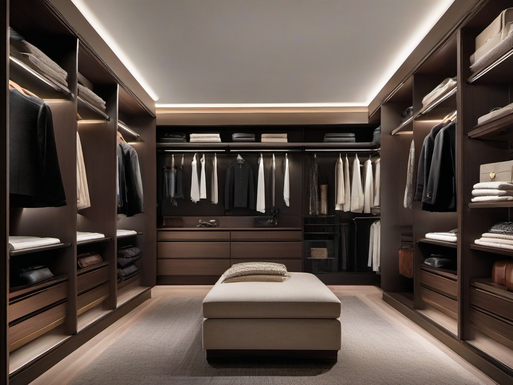 In the walk-in closet, Bauhaus interior design includes sleek cabinetry, ample storage, and a clean layout that creates a stylish and organized dressing area.  