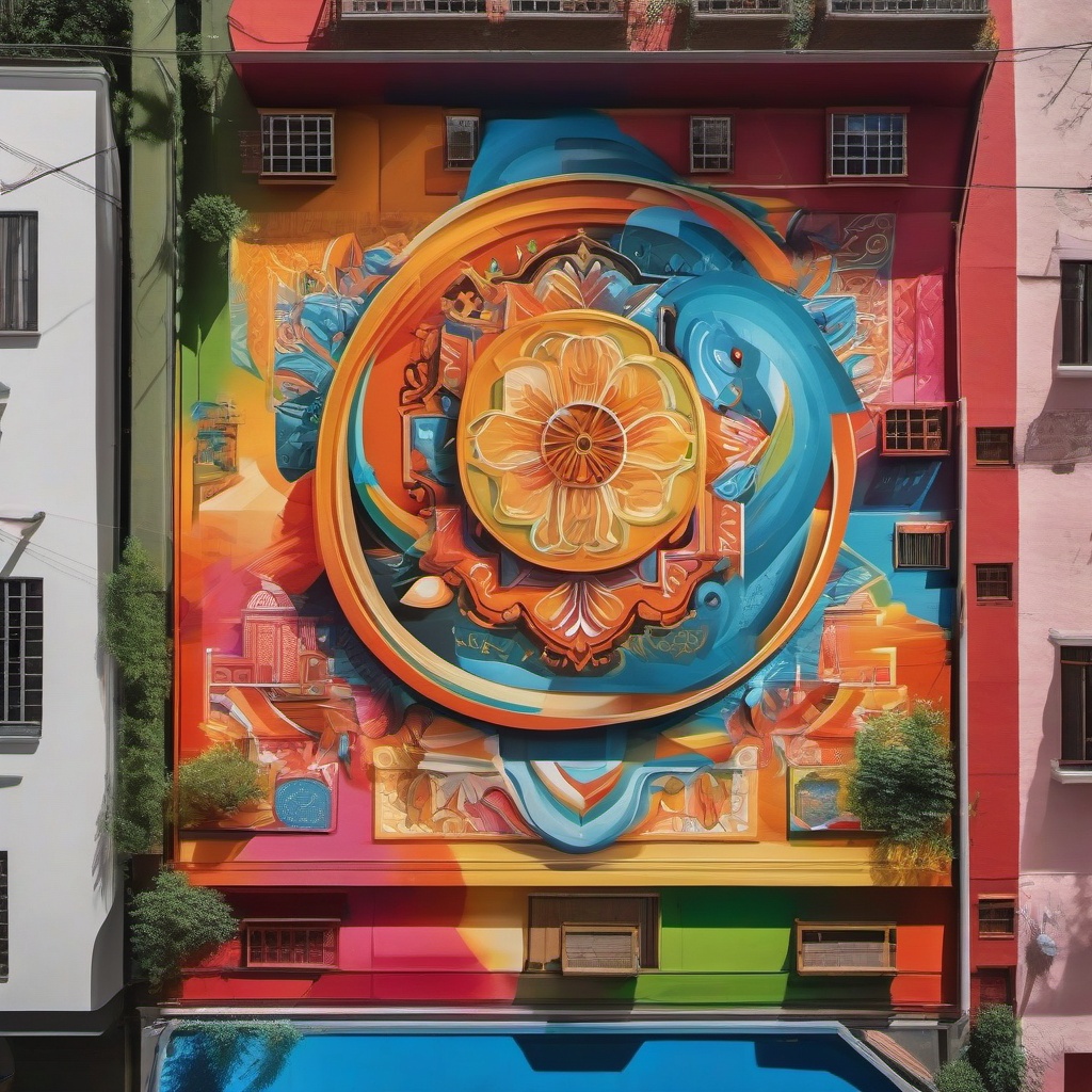 Colorful street murals with a blend of cultural references and symbols top view, product photoshoot realistic background, hyper detail, high resolution