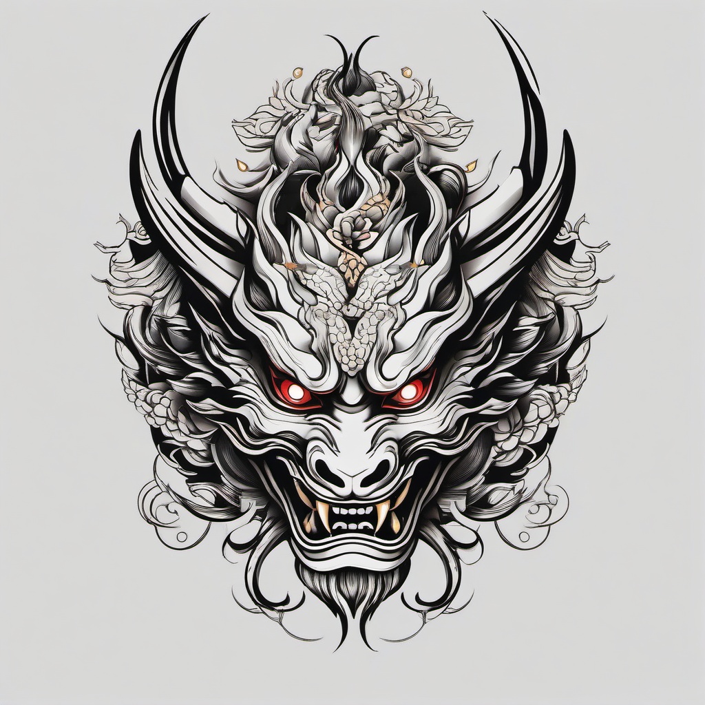 Hannya Dragon Tattoo - Blends the symbolic Hannya mask with a dragon motif, creating a powerful and mythical tattoo design.  simple color tattoo,white background,minimal