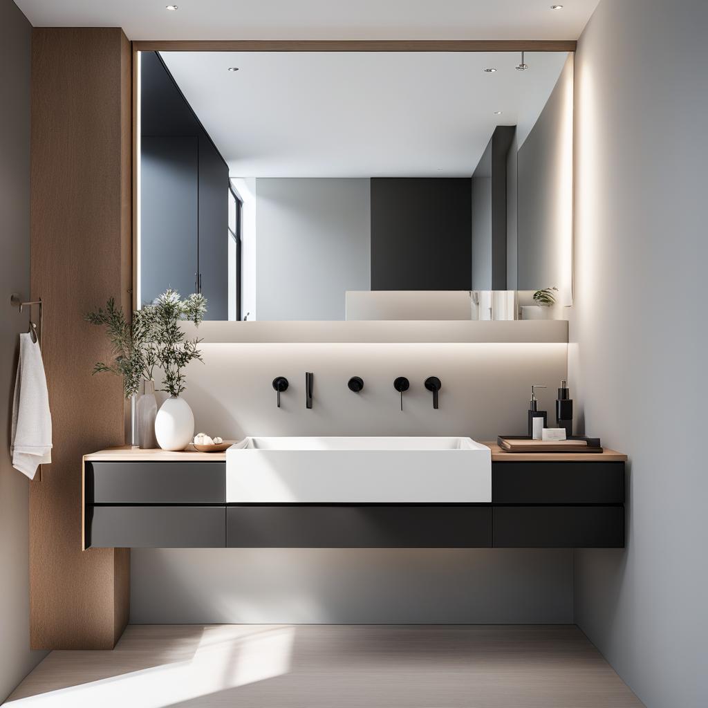 minimalist bathroom with a floating vanity and sleek fixtures. 