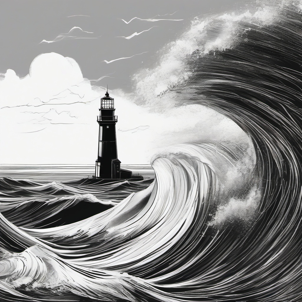 drawing of waves with a lighthouse  minimal rough sketch scribbles,doodles,black and white