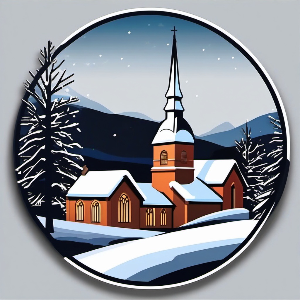 Snow-covered village church sticker- Winter charm, , sticker vector art, minimalist design