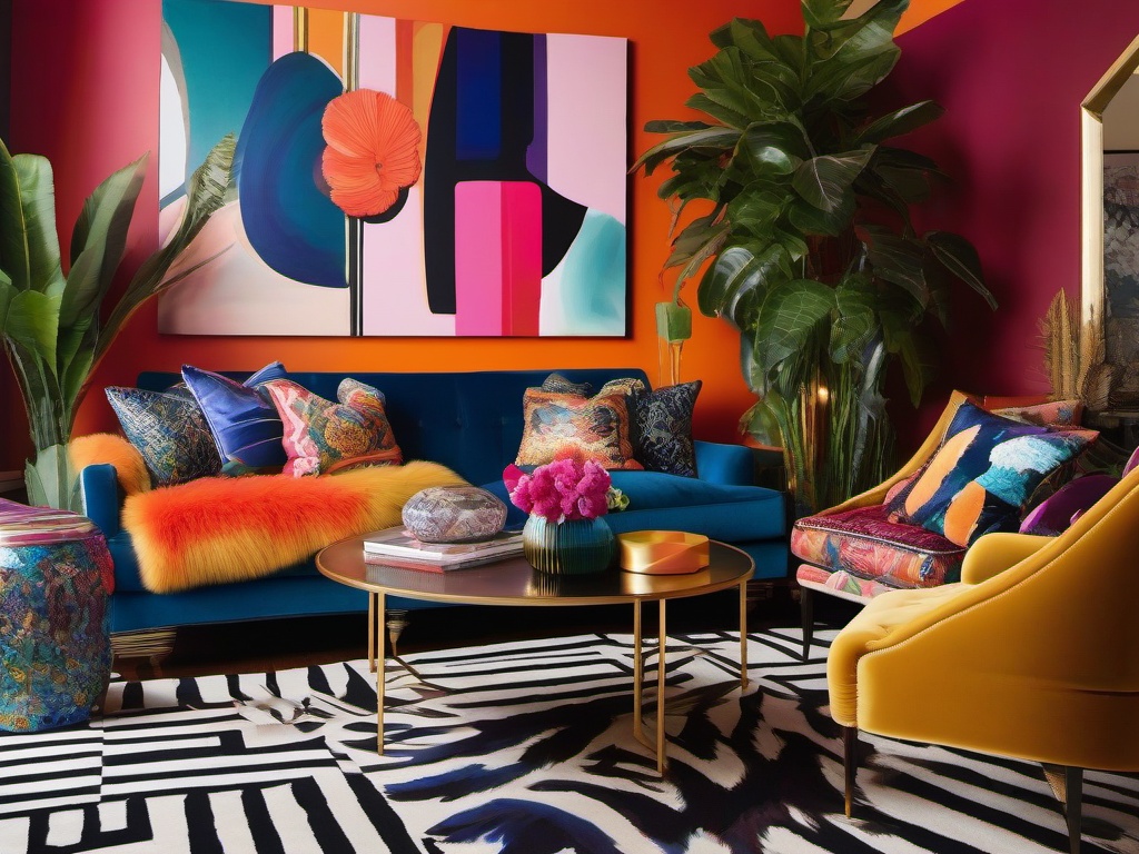 Maximalist living room is a vibrant explosion of color and texture, featuring bold patterns, statement art pieces, and luxurious textiles that invite you to explore every corner.  