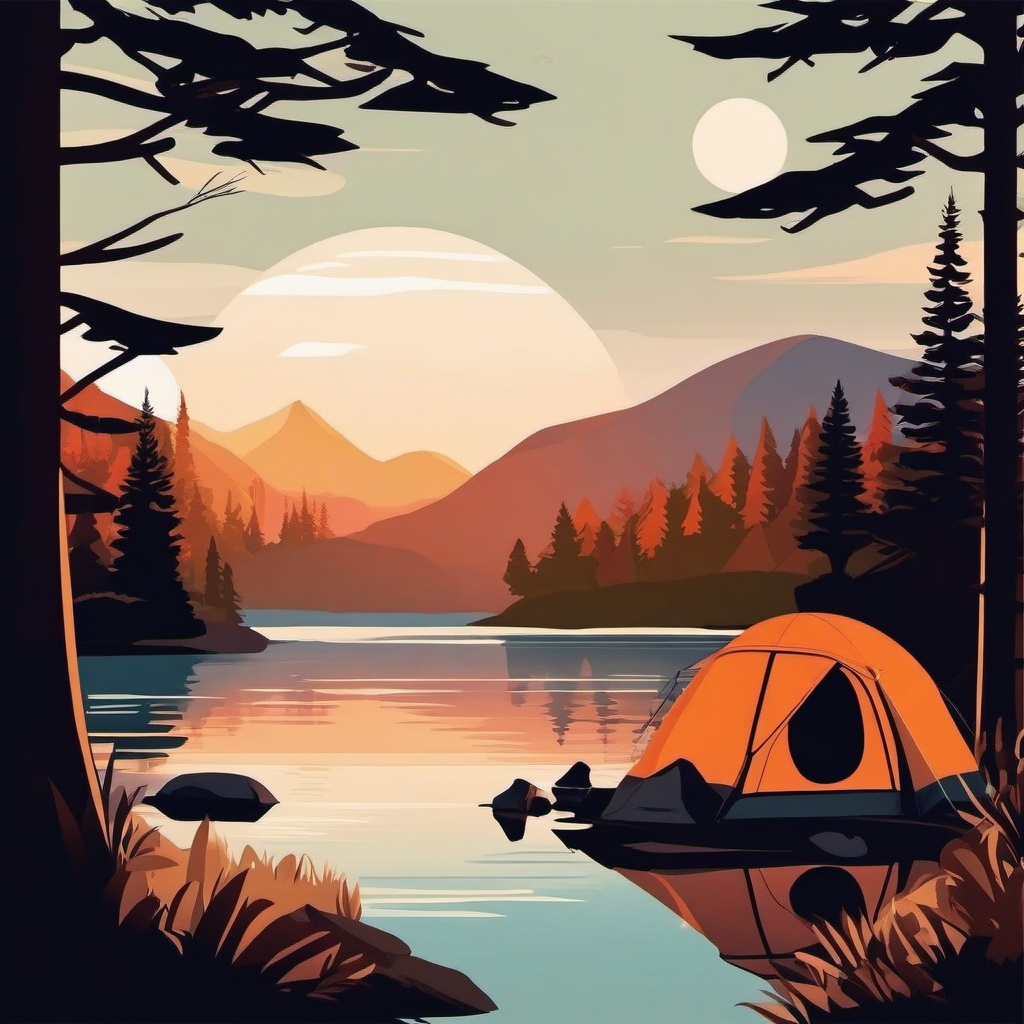 Camping Scene by the Lake at Sunset Clipart - Campers in a picturesque setting by the lake at sunset.  color vector clipart, minimal style