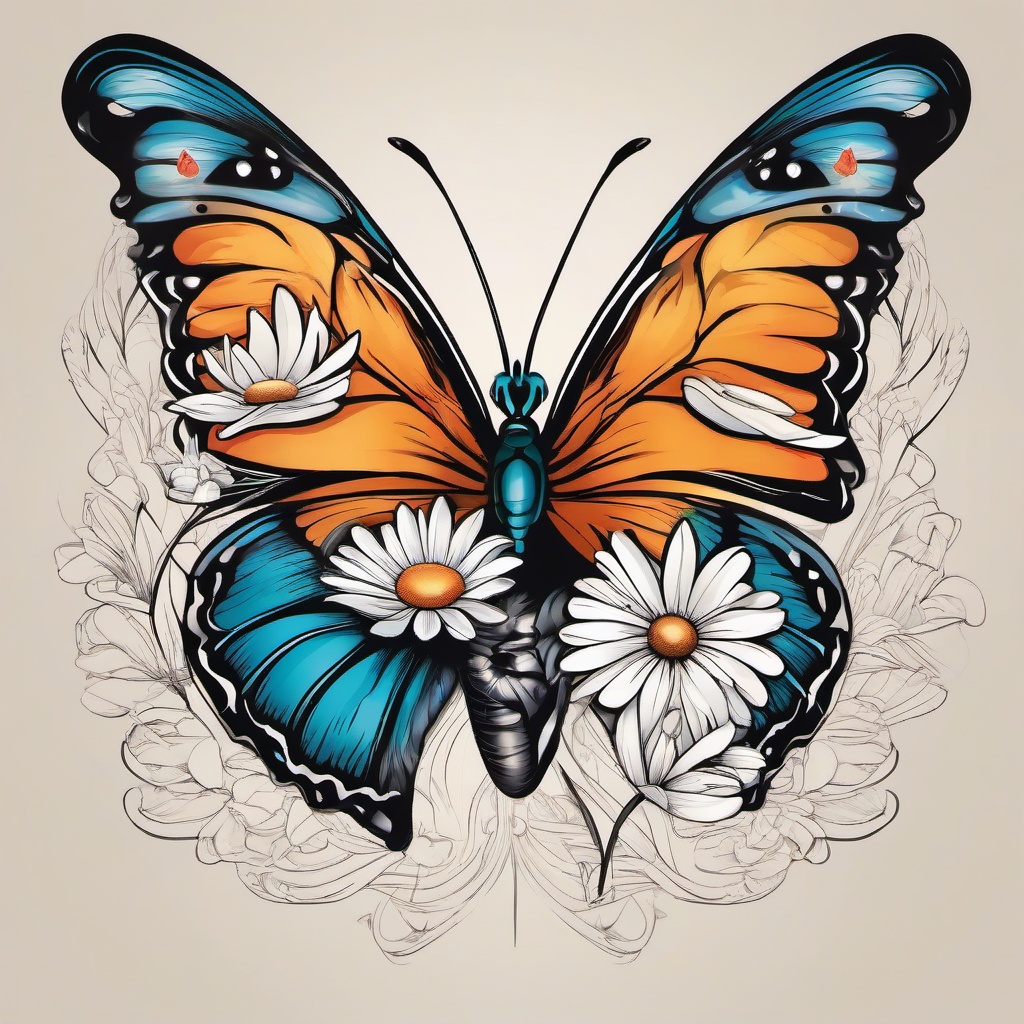 Butterfly and Daisy Tattoo-Celebration of transformation and beauty with a butterfly and daisy tattoo, a harmonious and meaningful choice.  simple vector color tattoo