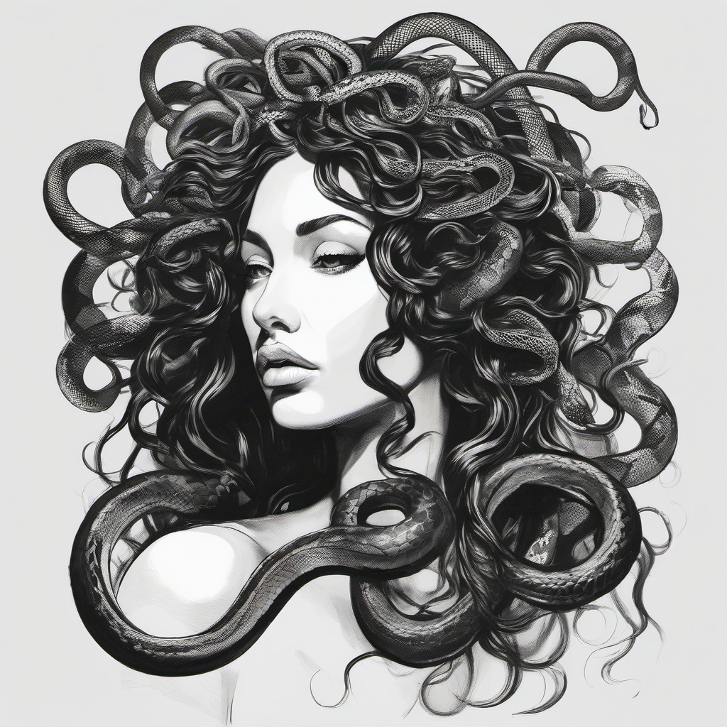 drawing of Medusa with snakes for hair  minimal rough sketch scribbles,doodles,black and white