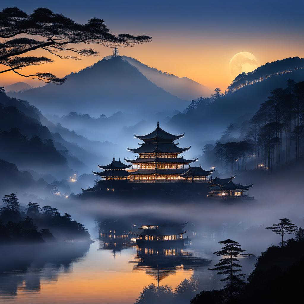 mount emei, china - illustrate the misty landscapes and ancient temples of mount emei, a sacred buddhist site, at night. 