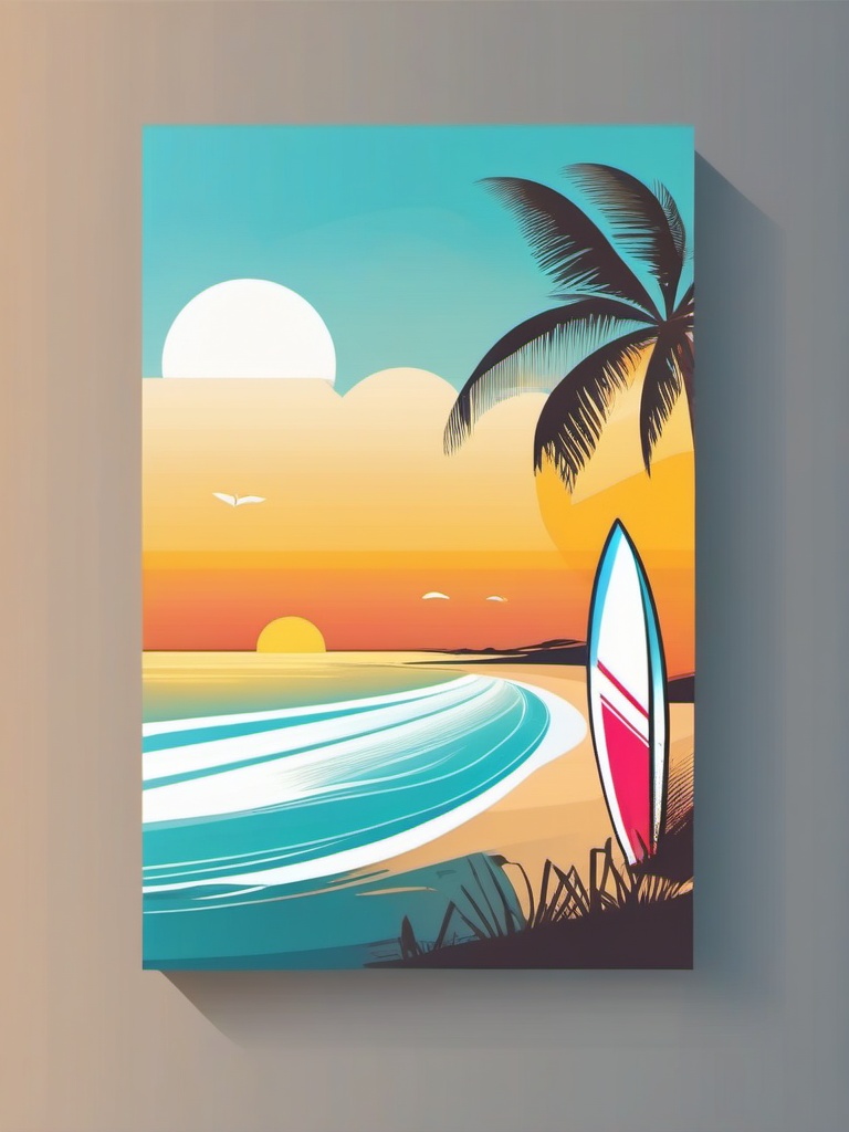 Surfboard and Beach Scene Clipart - A surfboard on the beach shore.  color vector clipart, minimal style