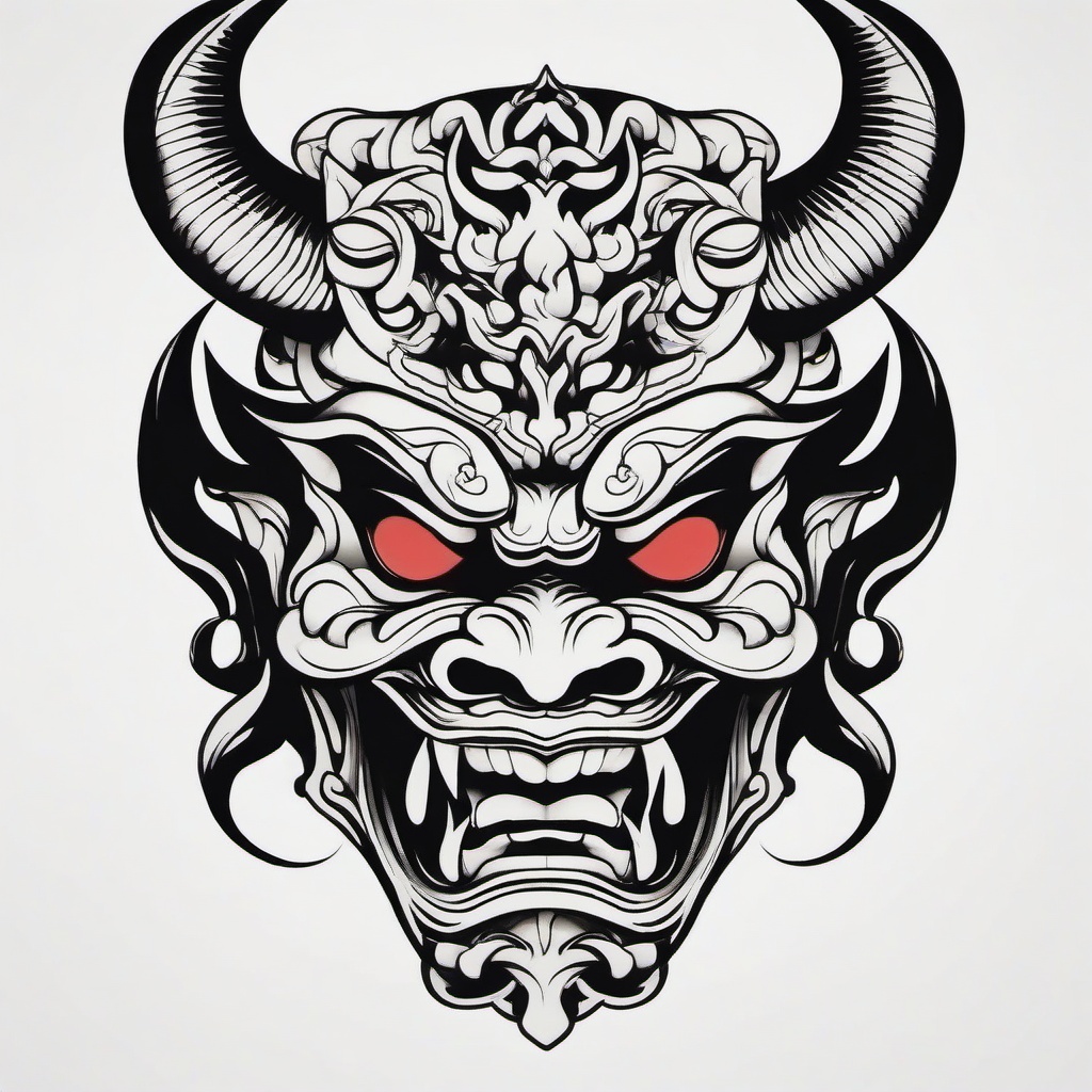 japanese tattoo oni mask  simple color tattoo,white background,minimal