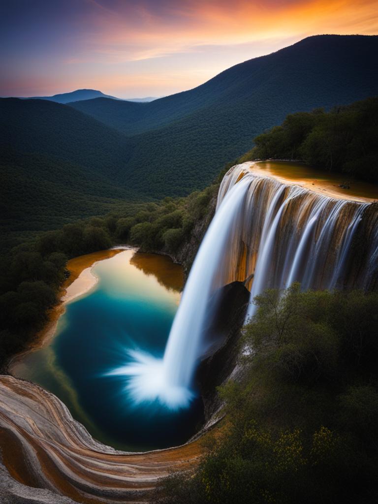 hierve el agua - imagine a tranquil night at hierve el agua, natural rock formations that resemble cascading waterfalls, with serene pools reflecting starry skies. 